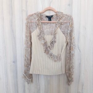 Y2K Capri Silk Top Medium Beige Paisley Sheer Ruffle Ribbed Knit Wrap Fairy Boho